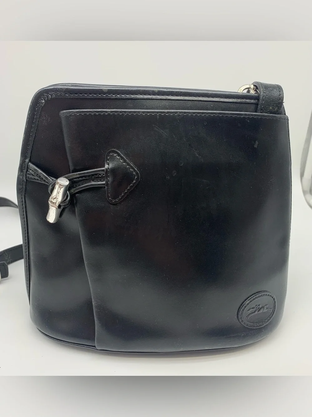Vintage Longchamp Roseau Black Leather Bucket Shoulder Bag Silver hardware
